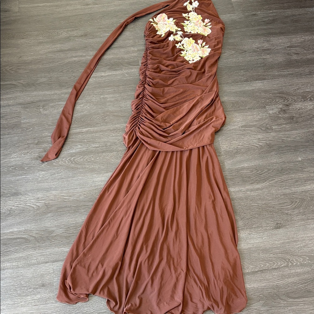 Anthropologie SAEMDI chocolate brown embroidered floral w neck scarf maxi large - Picture 15 of 16